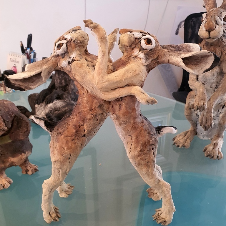 Boxing Hares By Louise Brown Ceramic Sculpture